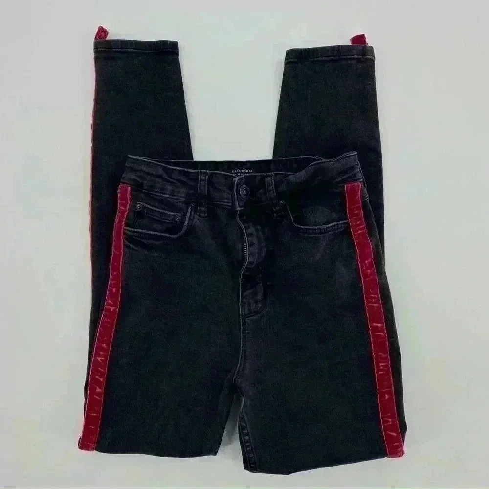 Zara Black Washed High‎ Waisted Red Velvet Stripe Jeans Size 4